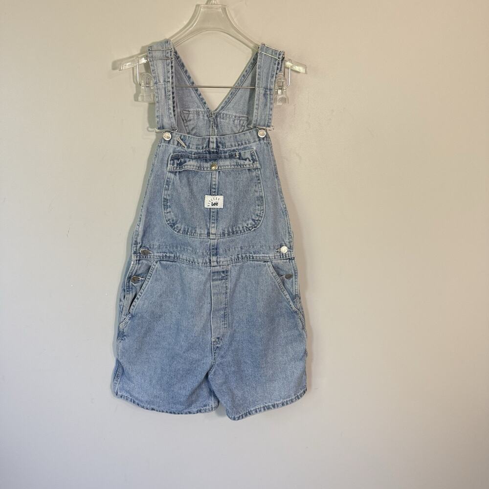 Vtg LEE Riveted Denim Bib Overall Shorts M Blue Jeans Y2K 90s Utility USA - Picture 2 of 6